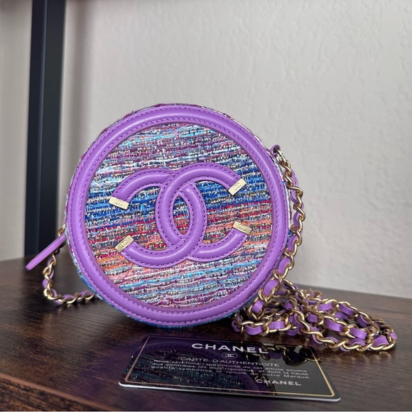 CHANEL Handbags - Authentic New Chanel Filigree Purple Multicolor Tweed Round Crossbody Bag
